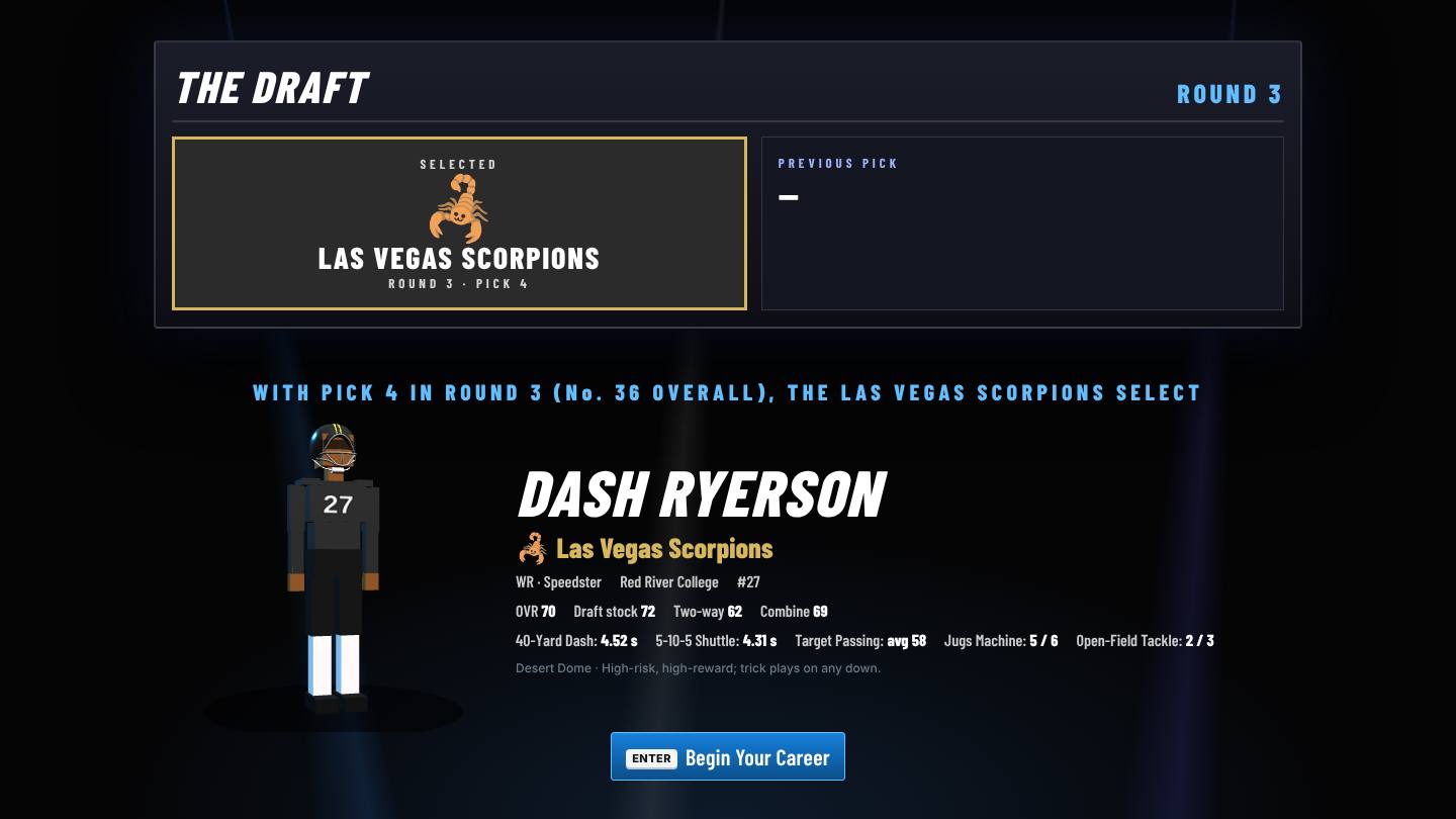 The draft reveal screen announcing the club that selected the player, with his combine results