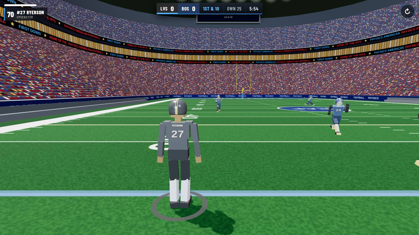 A career match in Physics American Football: your receiver lined up at the 25, with the scoreboard showing both clubs, down and distance and the game clock